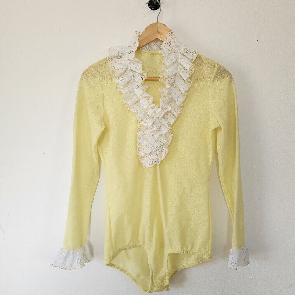 ILGWU Vintage Long Sleeve Yellow Lace Bodysuit Romper One Piece Sheer 10